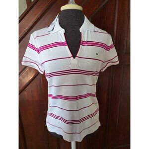 Tommy Hilfiger Womens Striped Polo Shirt M Cotton Magenta & White NWT